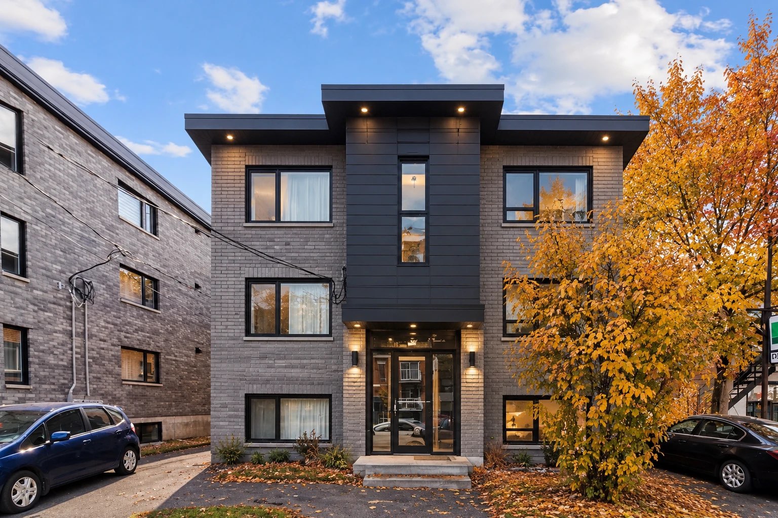 Immeuble de condos en brique grise avec entrée commune vitrée